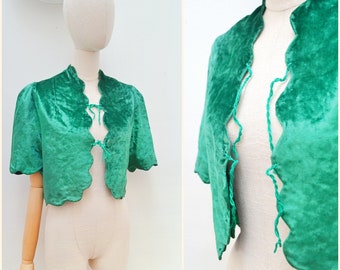 1930s Silk velvet scalloped bolero, 30s Short tie front evening jacket, Emerald green short sleeved jacket - S M