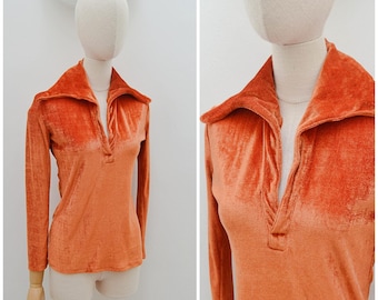 1970s Wide collar velour top, 70s Long sleeve velvet tunic - XS S