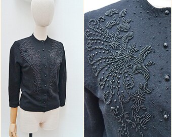 1960s Beaded wool lined cardigan, 50s 3/4 length sleeve sweater, Winter woollen evening wear  - S