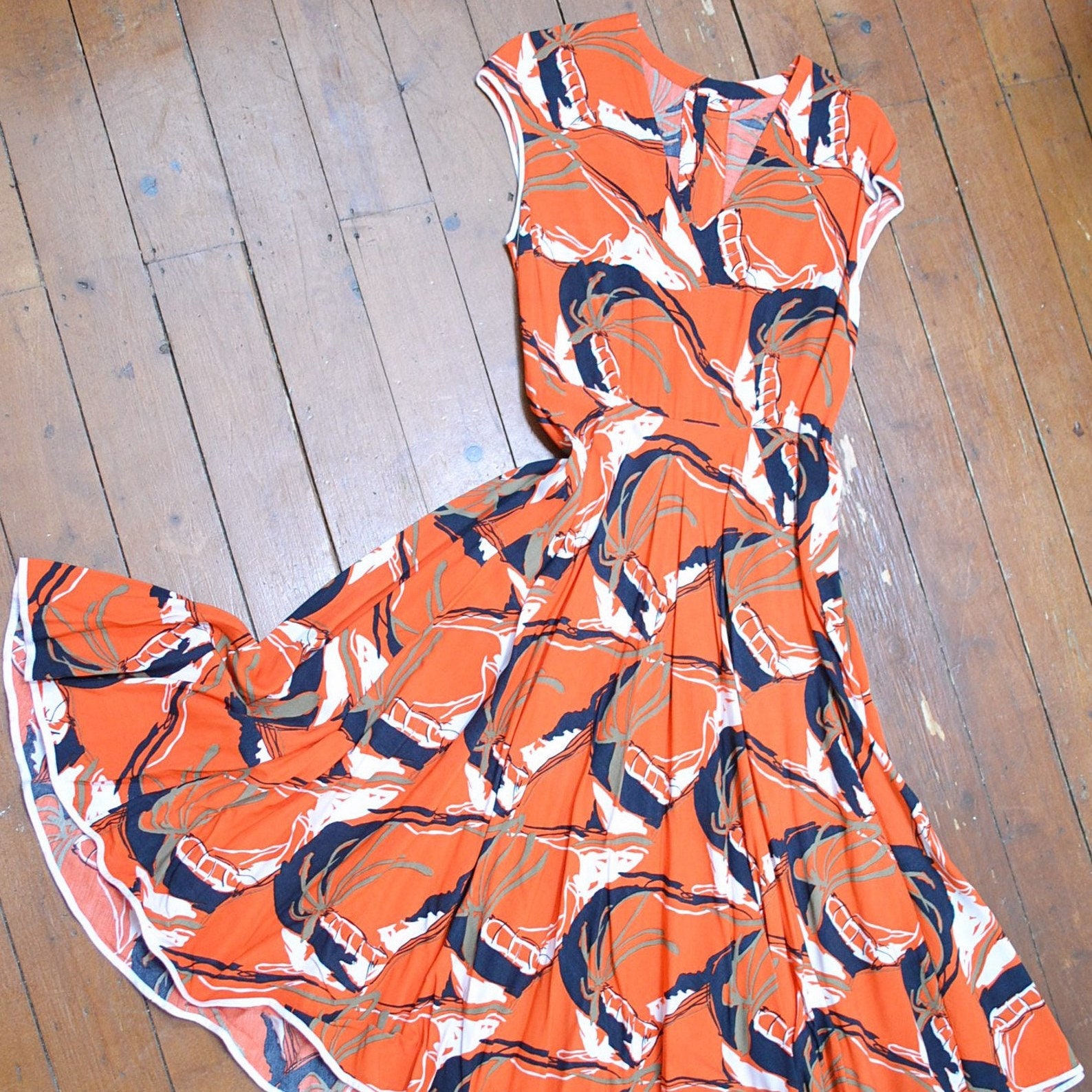 1970s Abstract print summer dress, 70s Full skirt rayon sundress, Bright printed sleeveless daywear - XS S