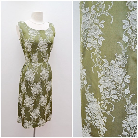 1950s Green rose pattern satin brocade wiggle dres