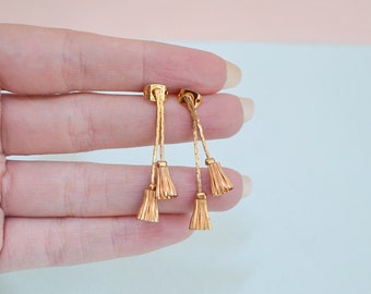 1960s Gold tone tassel earrings, 50s 60s articulated drops, Chic evening costume jewellery