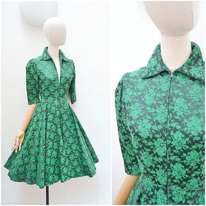 1950s Satin brocade zip front dress, full skirt eveningwear with pockets, 50s Charles Cooper party wear - XS