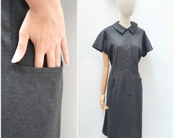 1960s Wool jersey day dress, 60s Collared semi fitted daywear, Winter midi with pockets - XXL plus size