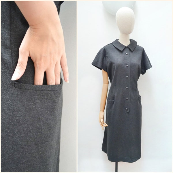 1960s Wool jersey day dress, 60s Collared semi fitted daywear, Winter midi with pockets - XXL plus size