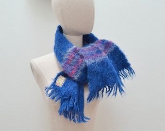 1960s Fluffy mohair fringed scarf, 60s Royal blue stripe winter accessory
