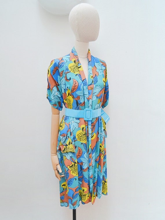 1940s Printed rayon dressing robe, 40s Flower pri… - image 2