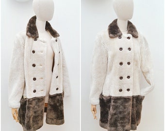 1960s Faux fur doublebreasted coat, 60s Colour block long jacket, Dee Dee Deb furry outerwear - S