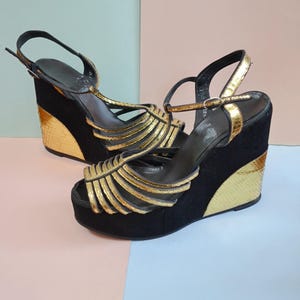 1970s Metallic snakeskin platforms, 70s Peep toe chunky wedges,  Ankle strap evening shoes - UK 4