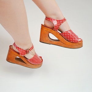 1970s Carved wooden vinyl platforms, 70s Peep toe chunky wedges,  Spotty ankle strap summer shoes - UK 6 wide