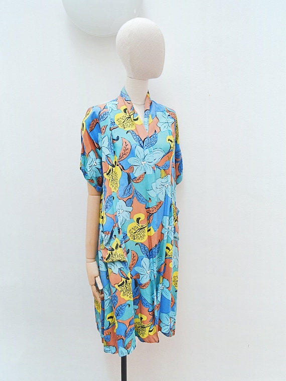 1940s Printed rayon dressing robe, 40s Flower pri… - image 3