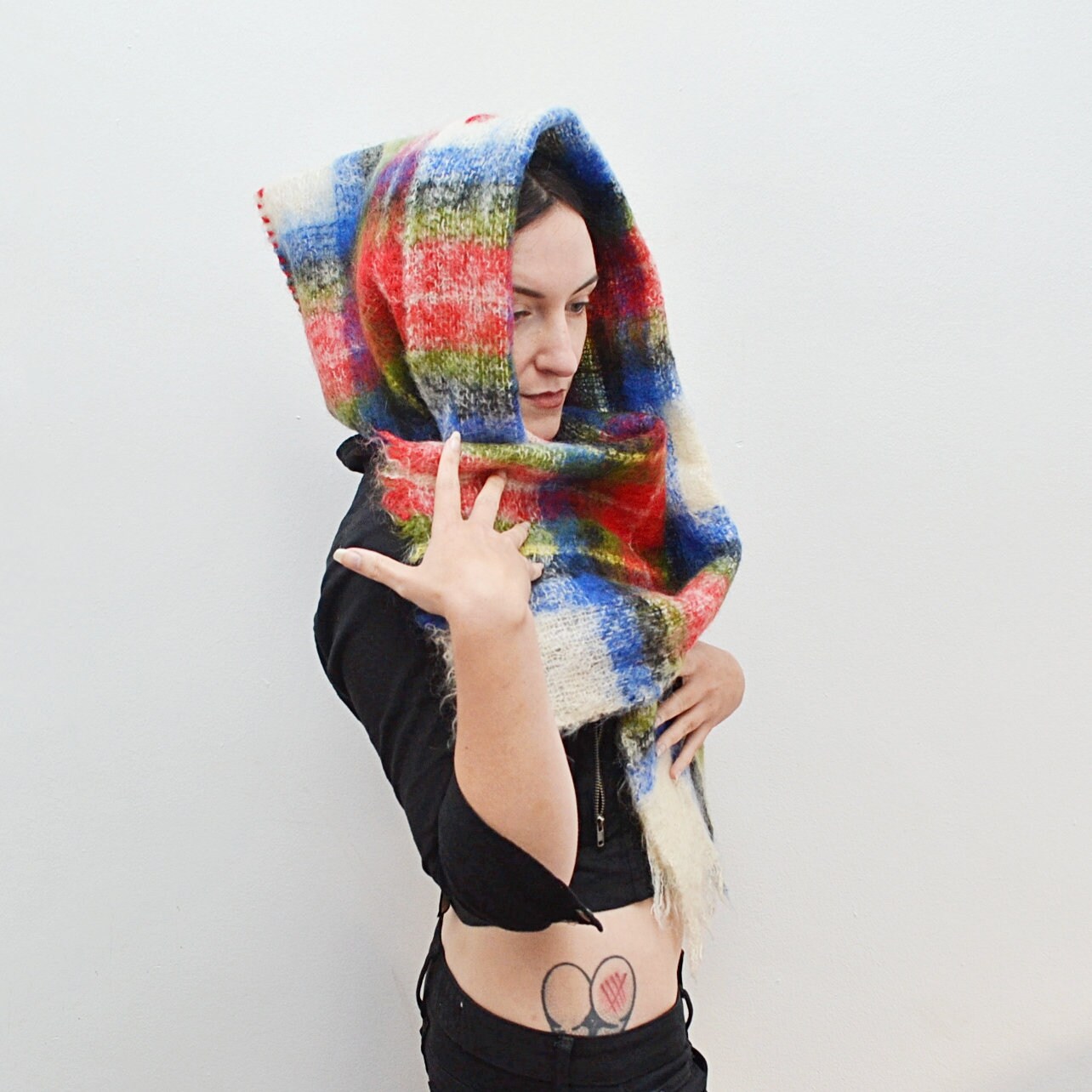 Mohair Pixie Hood Fluffy Scarf, 50s Reworked Woollen Hooded