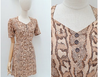 Robe de soirée à imprimé peau de serpent des années 70, Mini-robe imprimée à décolleté en cœur des années 70, robe courte à imprimé animal - XS