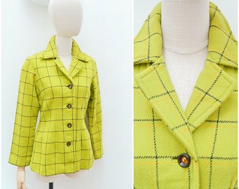 1970s Checked green wool jacket, 70s bright woollen fitted blazer, spring autumn womenswear - S