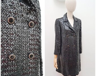 1970s Sequin double breasted jacket, 70s Sparkly loose evening coat - M
