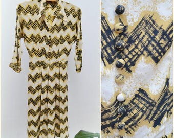 1940s Rayon zigzag day dress, 40s 3/4 sleeved yellow black midi, Graphic print daywear - XS