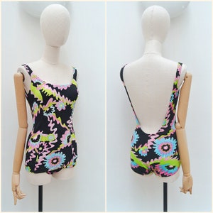 1960s Psychedelic print bright swimsuit, 60s Low back bathing costume, Retro swimwear - S