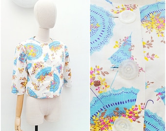 1950s Novelty parasol print jacket, 50s 3/4 length sleeve daywear, Blue pastel printed jacket - M