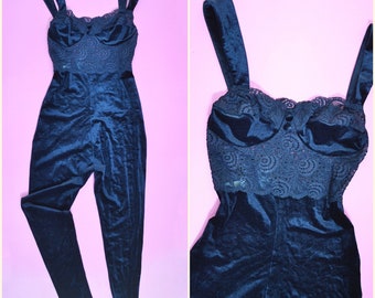 1980s Lace & velour catsuit, 80s Stirrup leg fitted jumpsuit, 90s Black velvet loungewear - S M