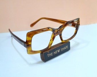 1970s Ginger yellow stripe eyeglasses, 70s Deadstock stripy spectacles, chunky square dark frames
