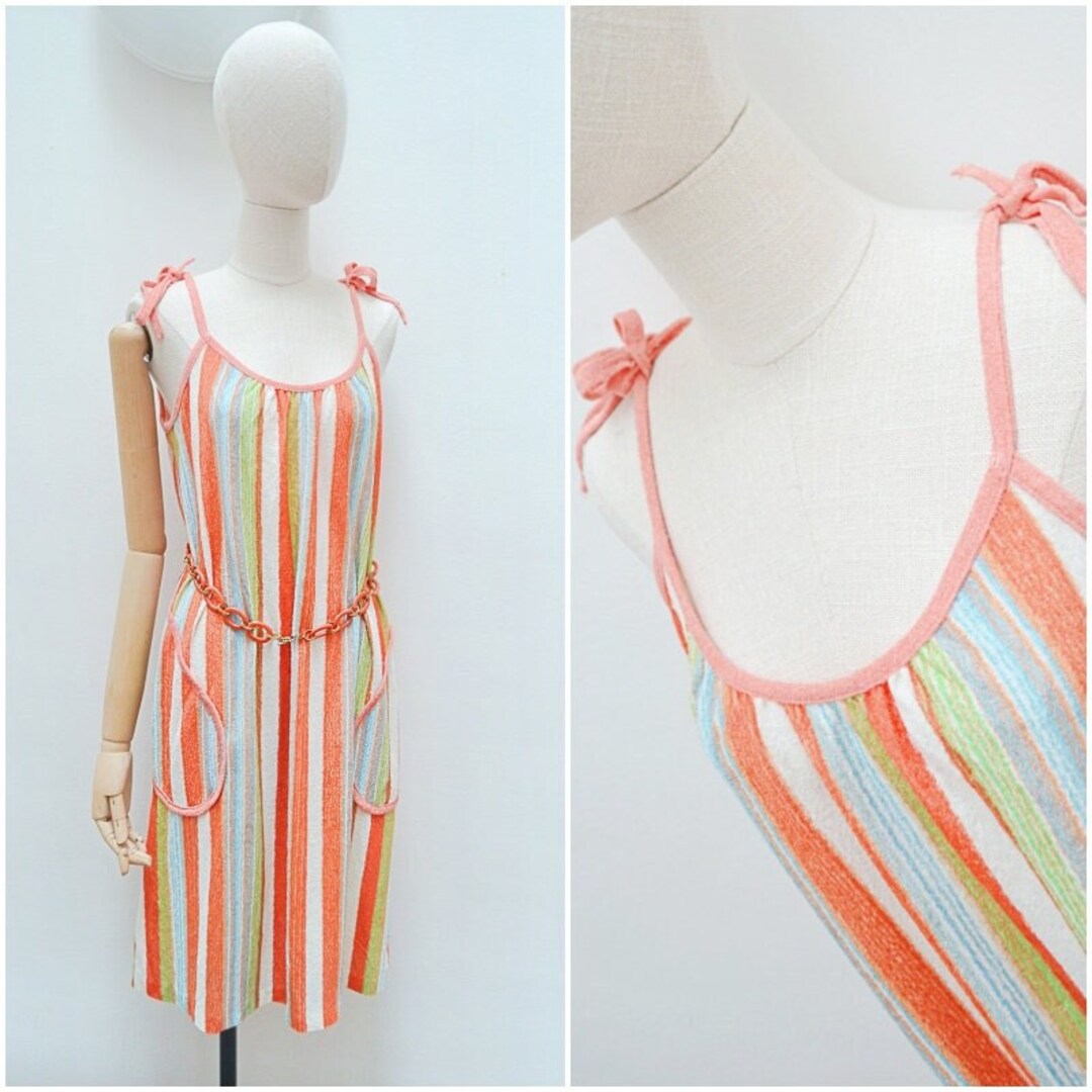 1970s Striped Towelling Beach Dress 70s Loose Midi With Etsy