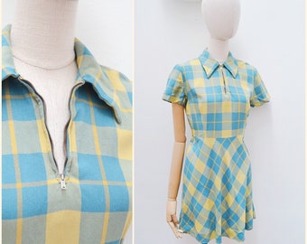 1930s Zip neck day dress, 30s Checked tap dance dress, Collared short sleeve spring wear - S