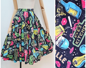 1950s Bar theme full circle skirt, 50s Novelty print circular midi with pockets, Bright printed daywear - S