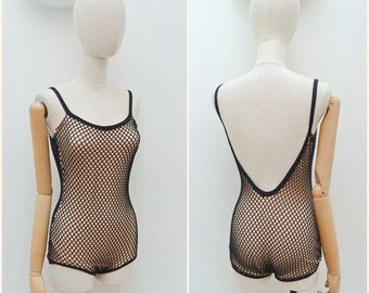 1960s Fishnet illusion Silhouette swimsuit, 60s Scandal suit bathing costume, Risqué one piece swim - XS