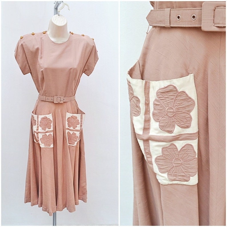 1940s Appliqué pocket rayon dress, 40s 50s Brilkie day sundress, Floral pale brown full skirt XS S image 1