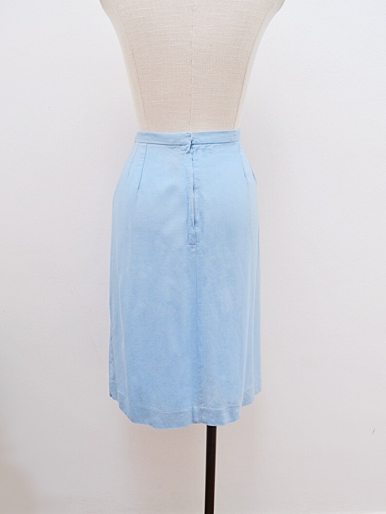 1960s Pale blue day skirt, 60s St Michael straight skirt, Pocket rayon cotton knee length L XL image 3