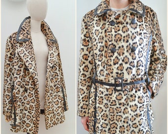 1970s Leopard print belted coat, 70s Faux fur unfitted peacoat, Double breasted long jacket - XS S