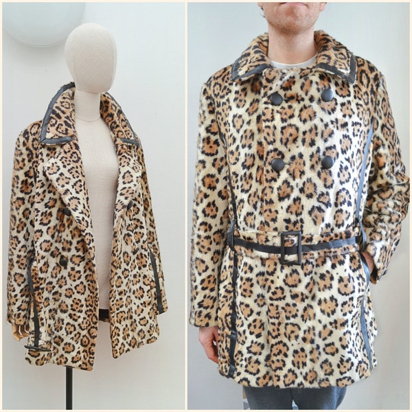 1970s Leopard print belted coat, 70s Faux fur unfitted peacoat, Double breasted long jacket - XS S