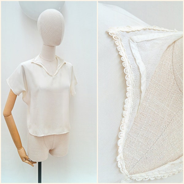 1930s Rayon collared day blouse, 30s Cream light unfitted top, 20s Summer daywear - S M