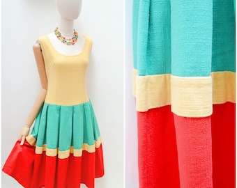 1950s Linen bright day dress, 50s Stripe cotton pleated dress, Full skirt sundress - XS S