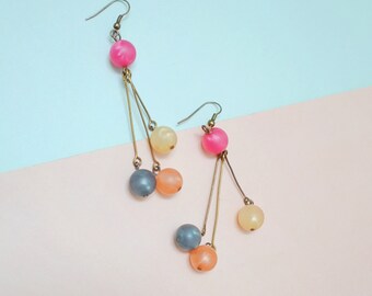 1980s Dangling colourful orb earrings, 80s Frosted plastic bead drops, Fun retro costume jewellery