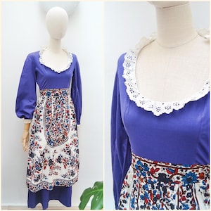 1970s Folk style cotton dress, 70s Long sleeve printed maxi, Bohemian print Simon Ellis daywear -  XS