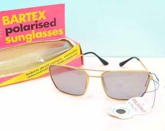 1970s Boxed double bridge sunglasses, 70s gold deadstock polarised frames, perspex sports sun shades