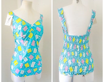 1950s 60s Novelty print deadstock Aqua blue cotton swimsuit / 50s footsteps dance turquoise printed bathing costume - Aquapoise