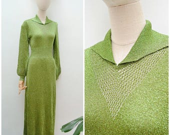 1970s Lurex lattice neck maxi dress / 70s Sparkly long sleeve evening dress - S