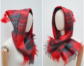 1960s Tartan mohair Pixie Hood scarf, Reworked woollen hood with tassel, vintage hooded checked wrap
