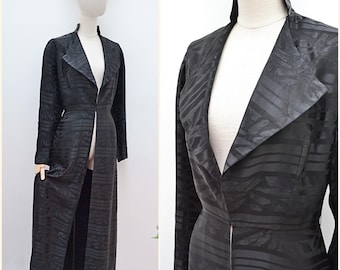 1970s Satin full length jacket, 70s Long Simon Ellis evening coat, Wide collar plunge neck maxi - M