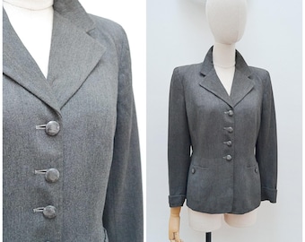 1950s Semi fitted wool suit jacket, 50s Woollen smart day blazer, Dark grey suit - S