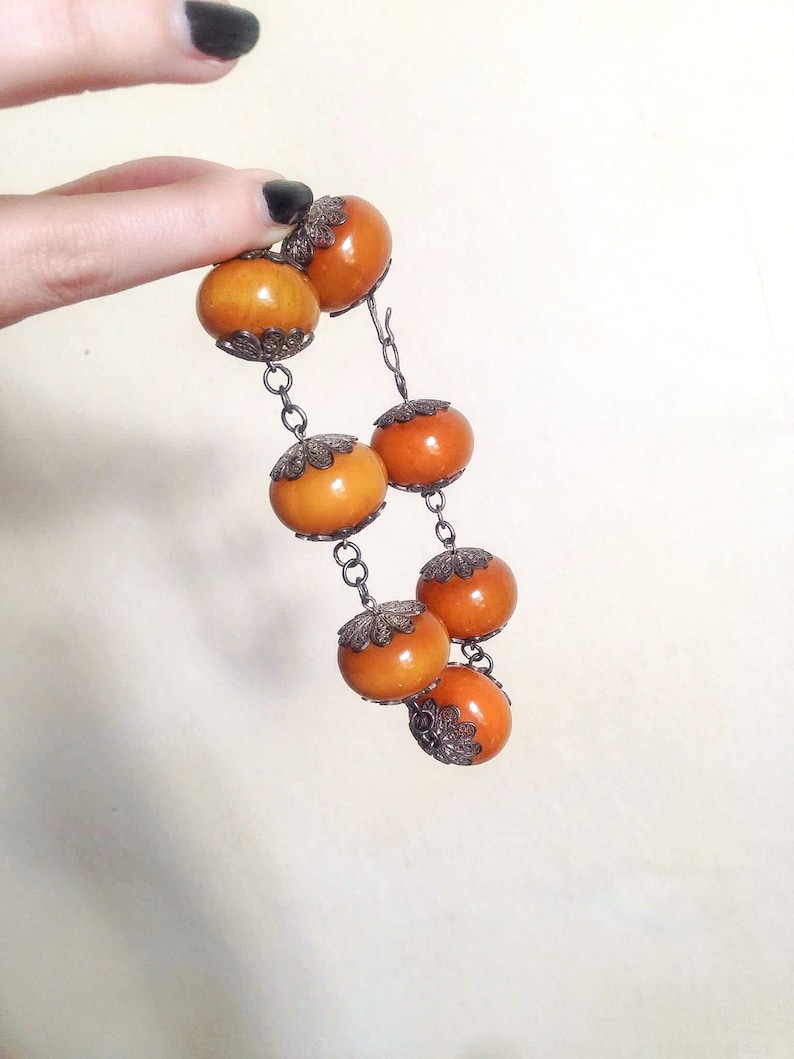 1930s marbled butterscotch Bakelite /& metal bead bracelet 30s faux Amber filigree silver chunky Catalin bracelet