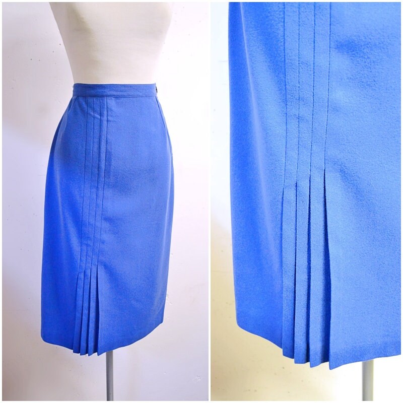 Image of S Electric Blue Wool Straight Skirt With Asymmetric Pleat Detail/S Jewel Tog Pleated Woollen Pencil - M
