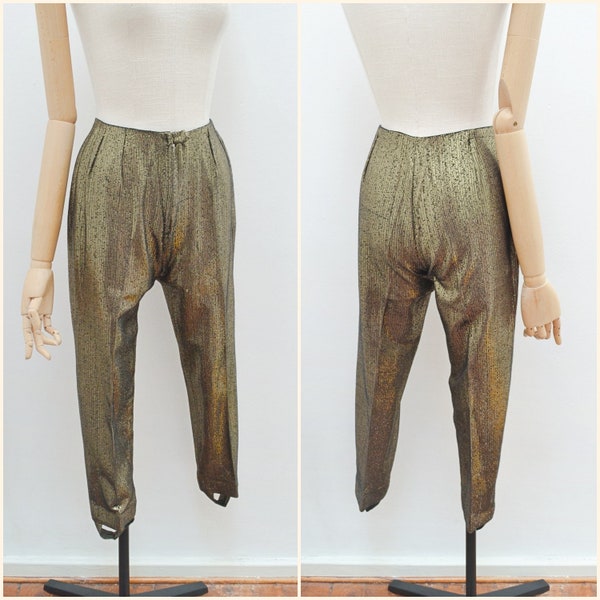 1960s Lamé gold stirrup trousers, 60s Metallic lurex cigarette pants, Sportaville evening wear - XS