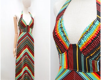 1970s Chevron stripe halterneck dress, 70s ruched full length maxi, Stripy long party wear - Small