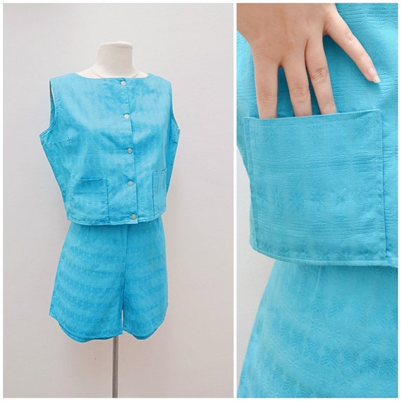 1950s Turquoise blue cotton shorts & top sun set /