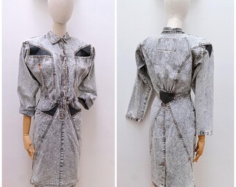 1980s Stonewash denim day dress, 80s Batwing leather patch mini, Pencil skirt jean dress - XS S