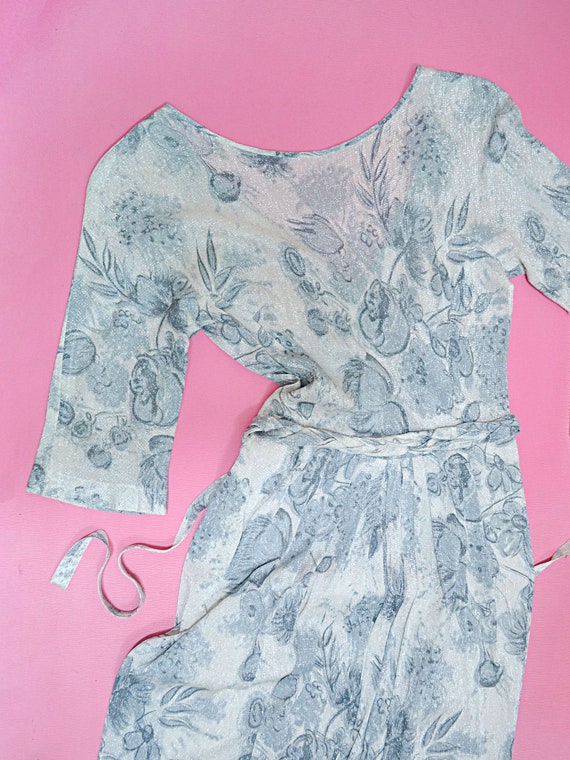 1960s Lurex rose print cocktail dress, Low v back… - image 3