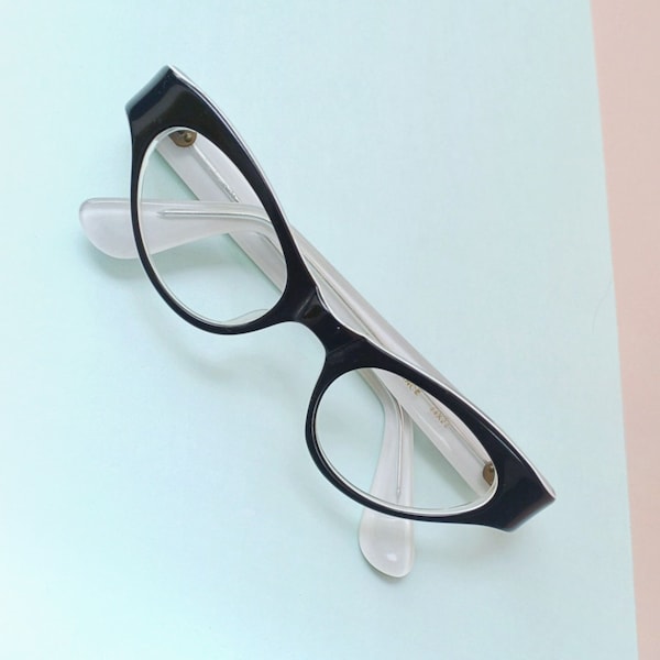 1950s Black white French frames, 50s chunky deadstock eye glasses, 60s eyewear